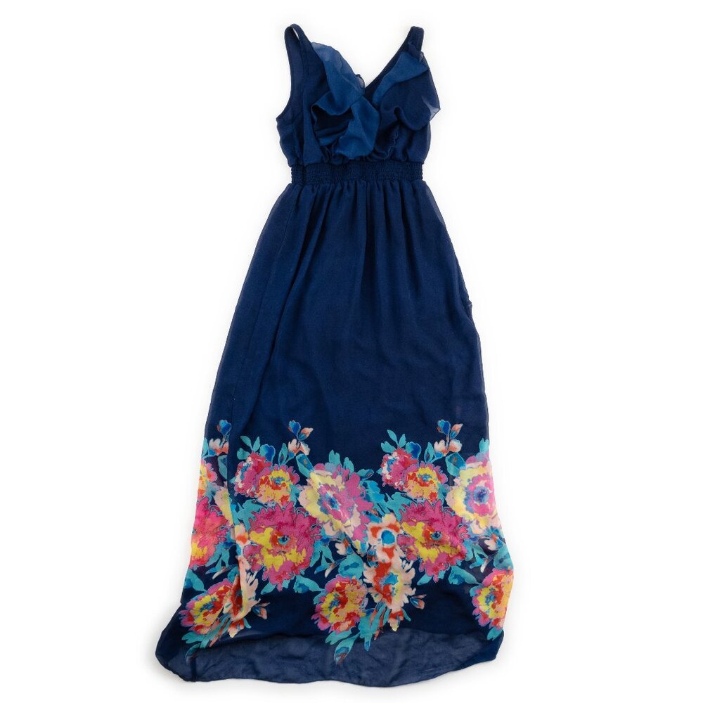 OLD NAVY blue sleeveless flutter v-neck full length floral dress size S